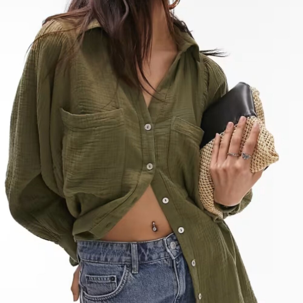 Topshop long sleeve casual shirt in olive size large